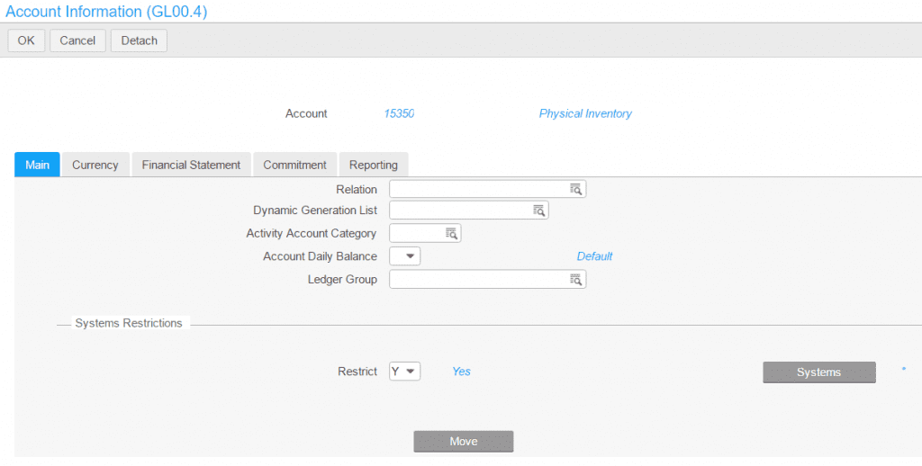 Access GL00.4 Account Information, select the systems button.